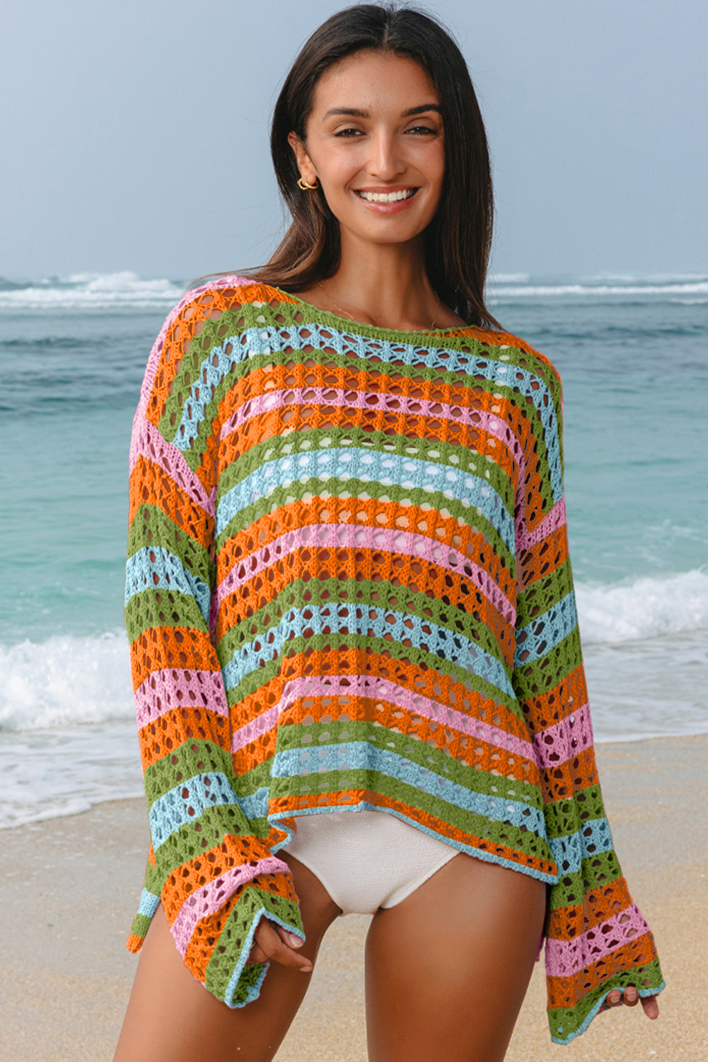 Carrot Multi Stripe Open Knit Sweater Beach Cover Up