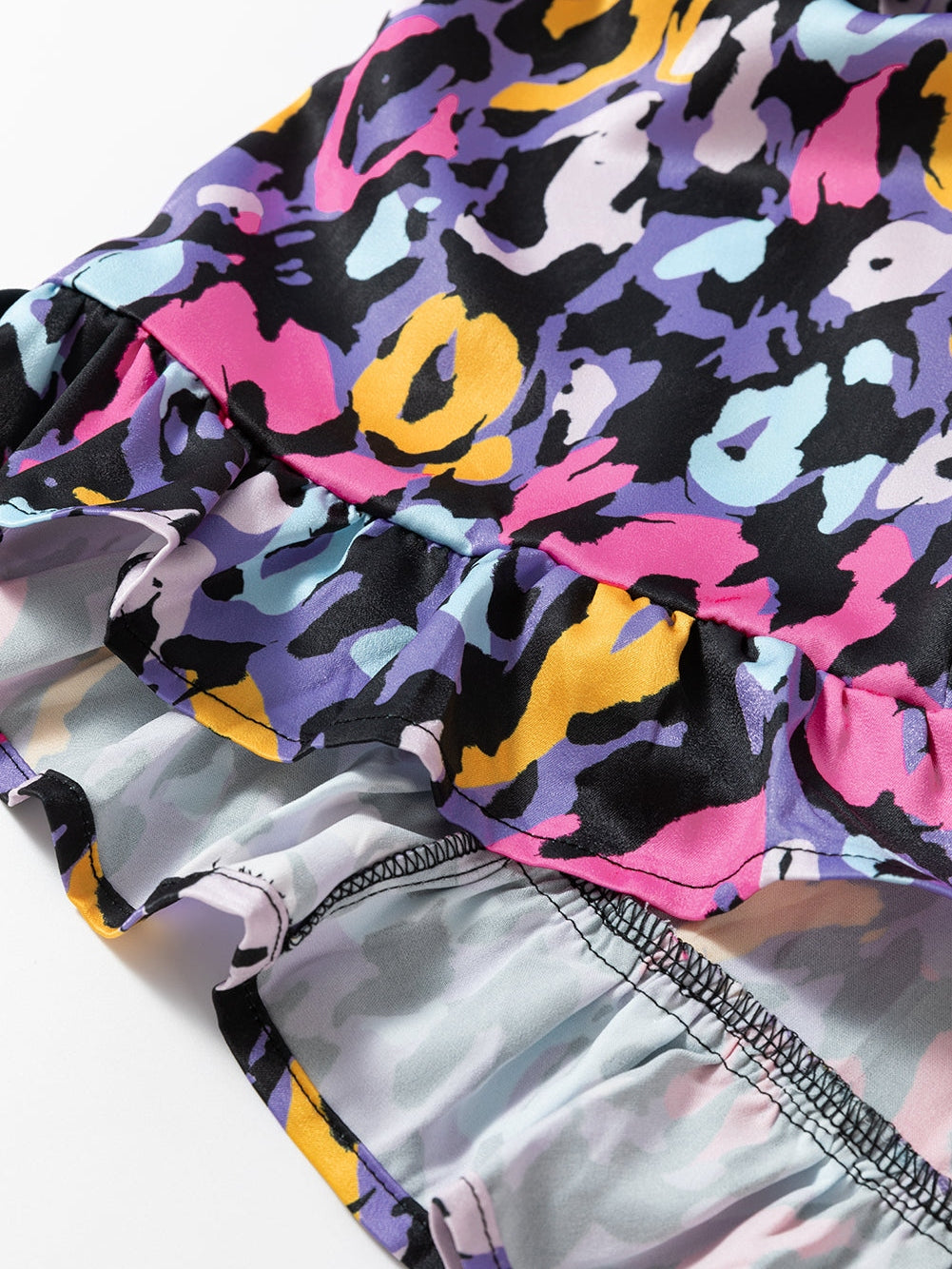 Purple Leopard Print V-Neck Plus Size Mini Dress with Ruffle Detail