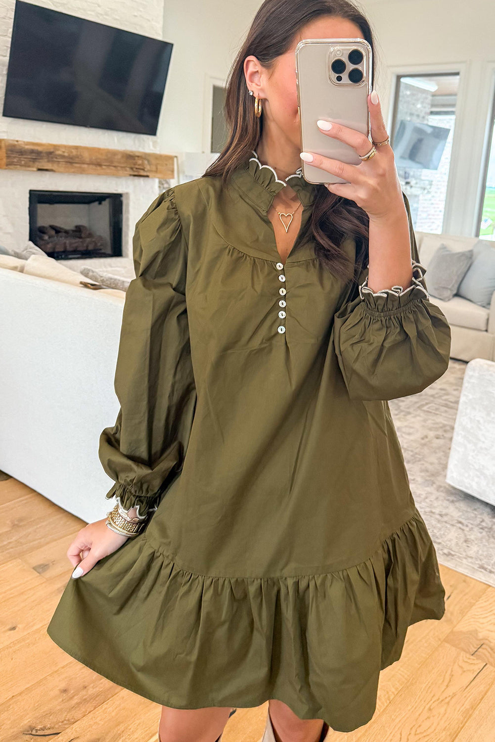 Jungle Green Ruffled Collar Buttoned Placket Shift Mini Dress