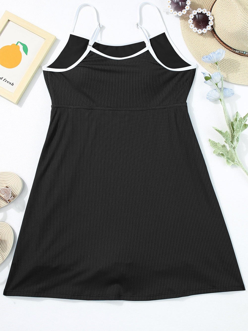 Sporty Black Ribbed Spaghetti Straps Swimdress with Flared Silhouette