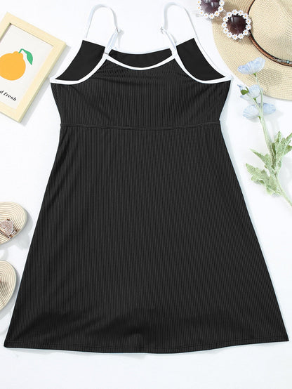 Sporty Black Ribbed Spaghetti Straps Swimdress with Flared Silhouette