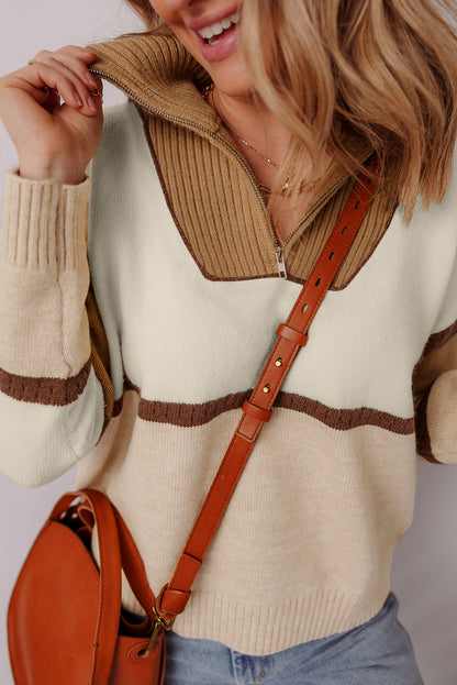 Parchment Colorblock Zipped Collared Pullover Sweater