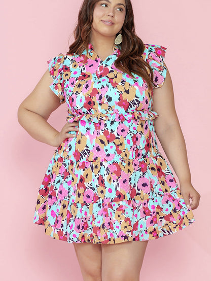Red Floral Ruffled Cap Sleeve Plus Size Mini Dress