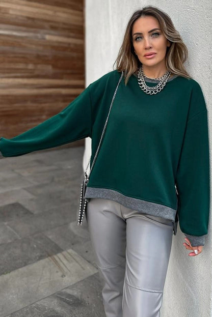 Evergreen Contrast Trim Round Neck Zip Side Slit Baggy Sweatshirt