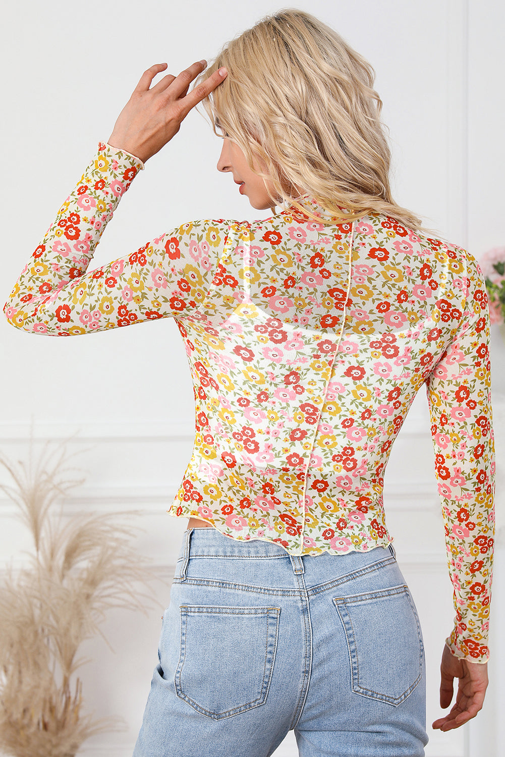 Floral Print Lettuce Hem Long Sleeve Top with Multicolor Design