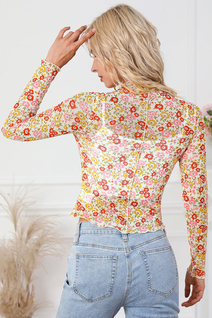 Floral Print Lettuce Hem Long Sleeve Top with Multicolor Design
