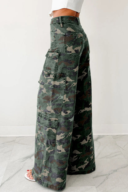 Green Camo Denim Cargo Wide Leg Pants