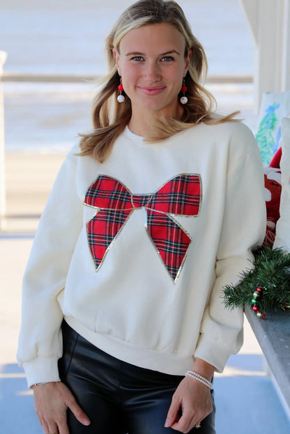White Sequin Trim Plaid Bow Drop Shoulder Sweatshirt