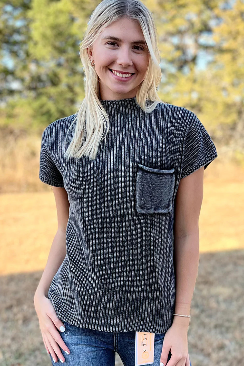 Black Mineral Wash Ribbed Knit Patched Pocket Short Sleeve Loose Sweater