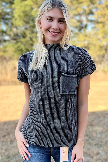 Black Mineral Wash Ribbed Knit Patched Pocket Short Sleeve Loose Sweater