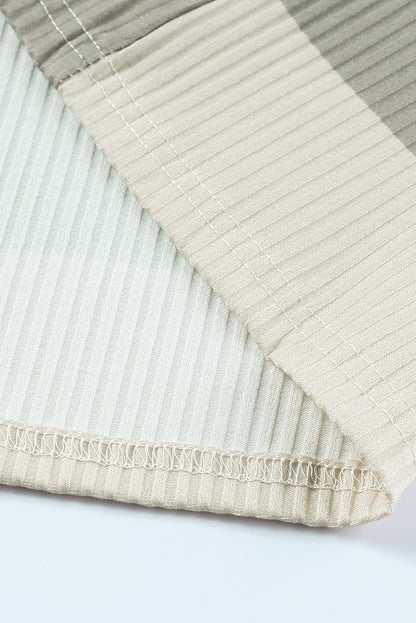 Green Striped Ribbed Long Sleeve Top with Chest Pocket