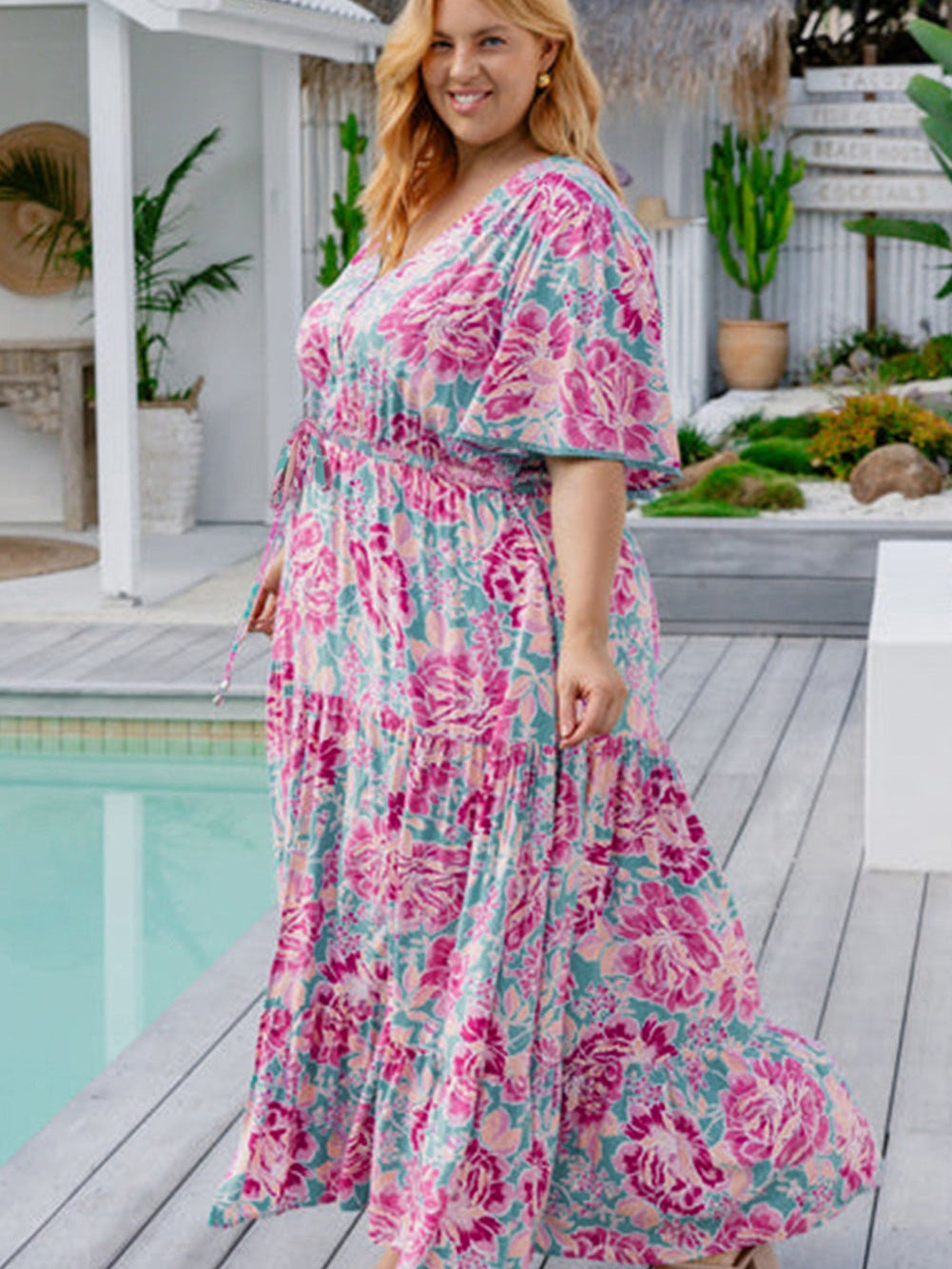 Elegant Purple Floral V Neck A-Line Maxi Dress with Ruffle Detail