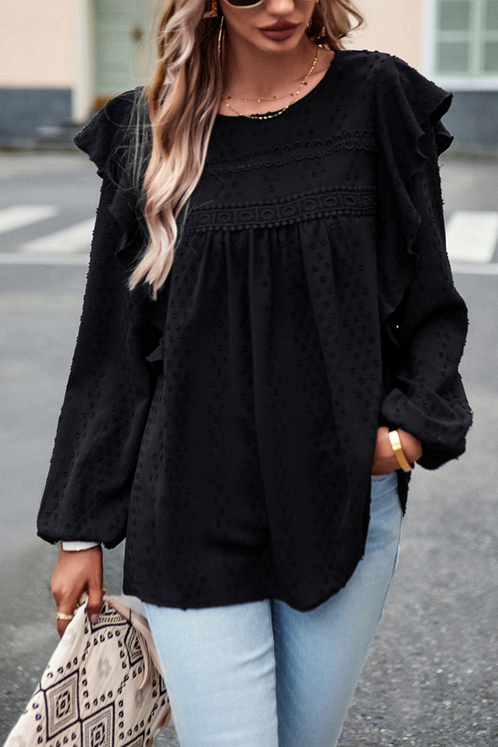 Elegant Black Lace Eyelet Ruffle Sleeve Blouse for Fall