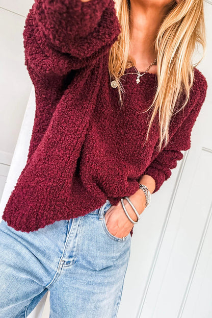 Burgundy Round Neck Fuzzy Knit Drop Shoulder Loose Sweater