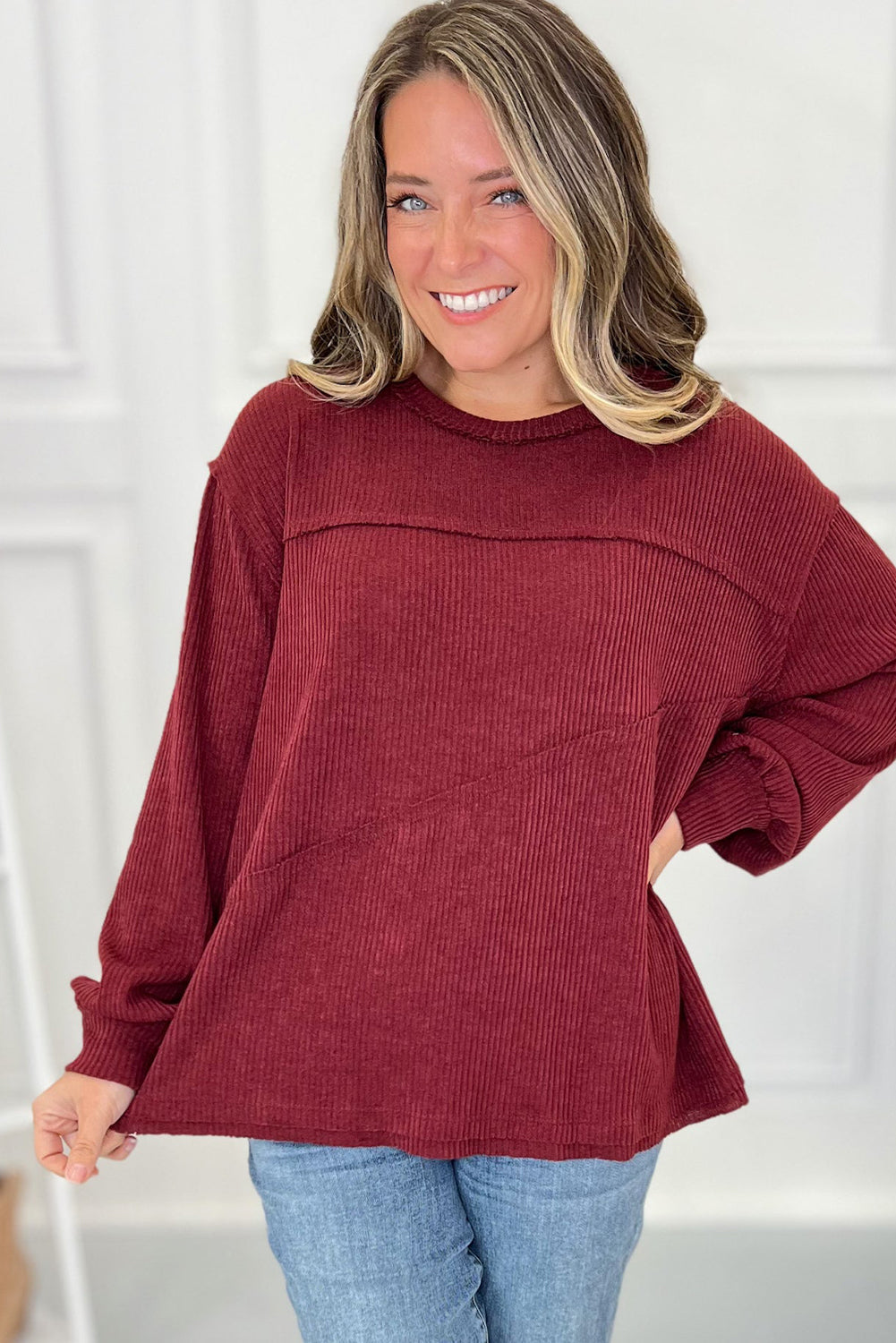 Burgundy Exposed Seam Detail Ribbed Long Sleeve Top