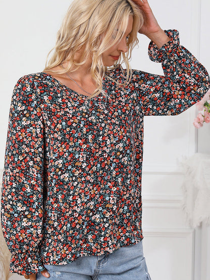 Flame Red Lace Patch V-Neck Tie-Up Puff Sleeve Floral Top