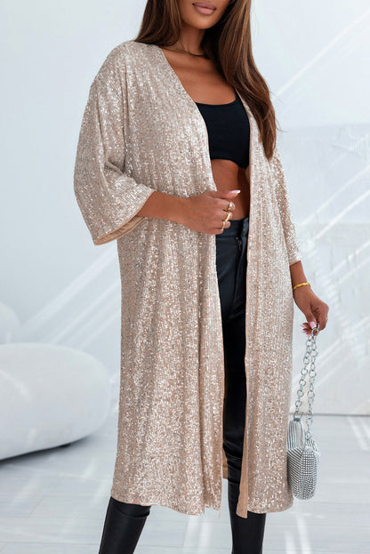 Apricot Sequin Embellished Open Front Kimono Duster