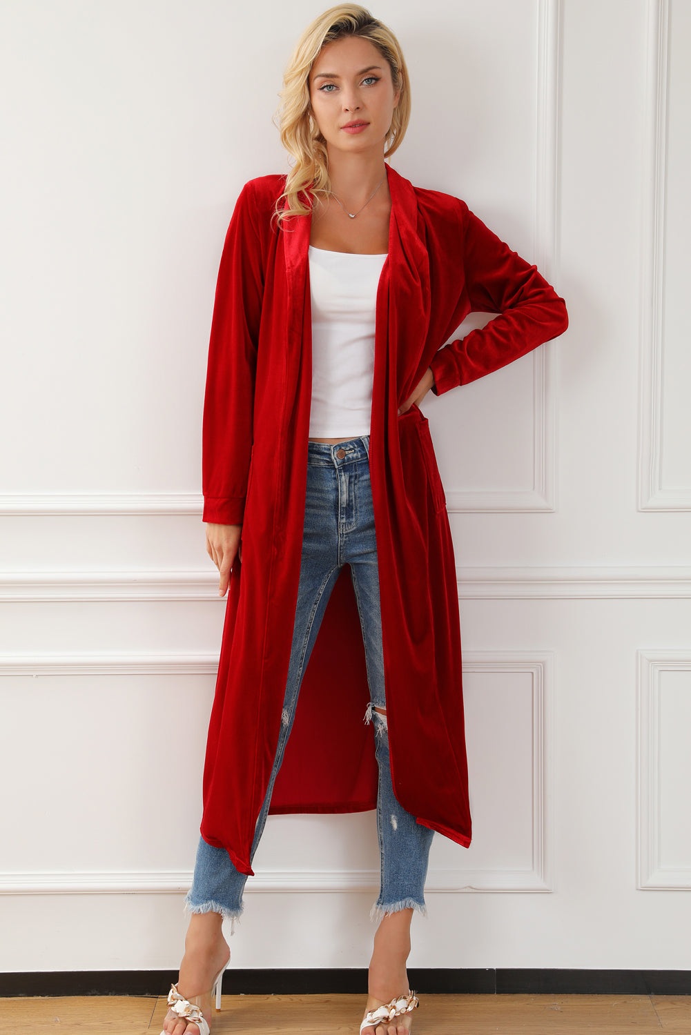 Fiery Crimson Velvet Open Front Long Duster with Pockets