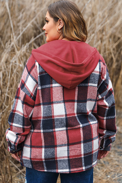 Red Plaid Hooded Jacket for Plus Size Women