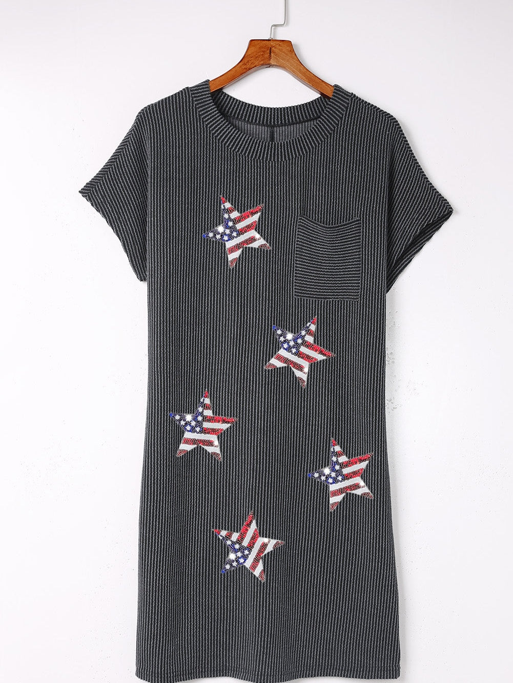 Shimmering Gray Sequin Stars Ribbed Shift Dress with Flag Detail