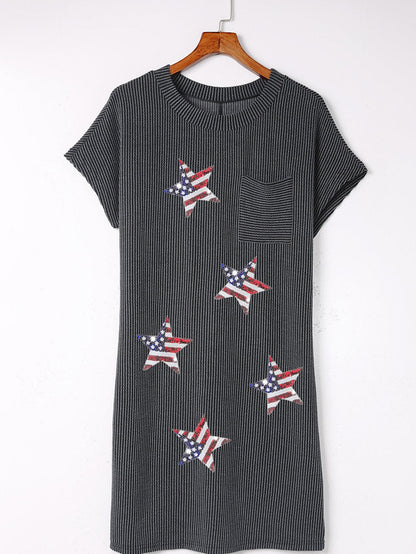 Shimmering Gray Sequin Stars Ribbed Shift Dress with Flag Detail