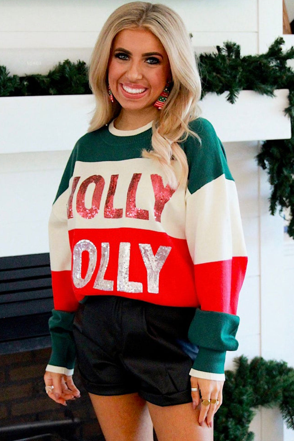 Green Sequined HOLLY JOLLY Color Block Crew Neck Sweater