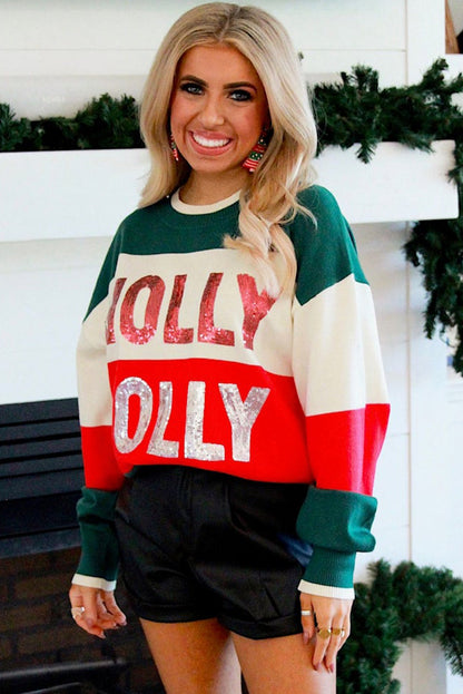 Green Sequined HOLLY JOLLY Color Block Crew Neck Sweater