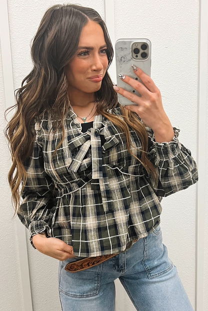 Black Plaid Print Ruffle Trim Front Tie Blouse