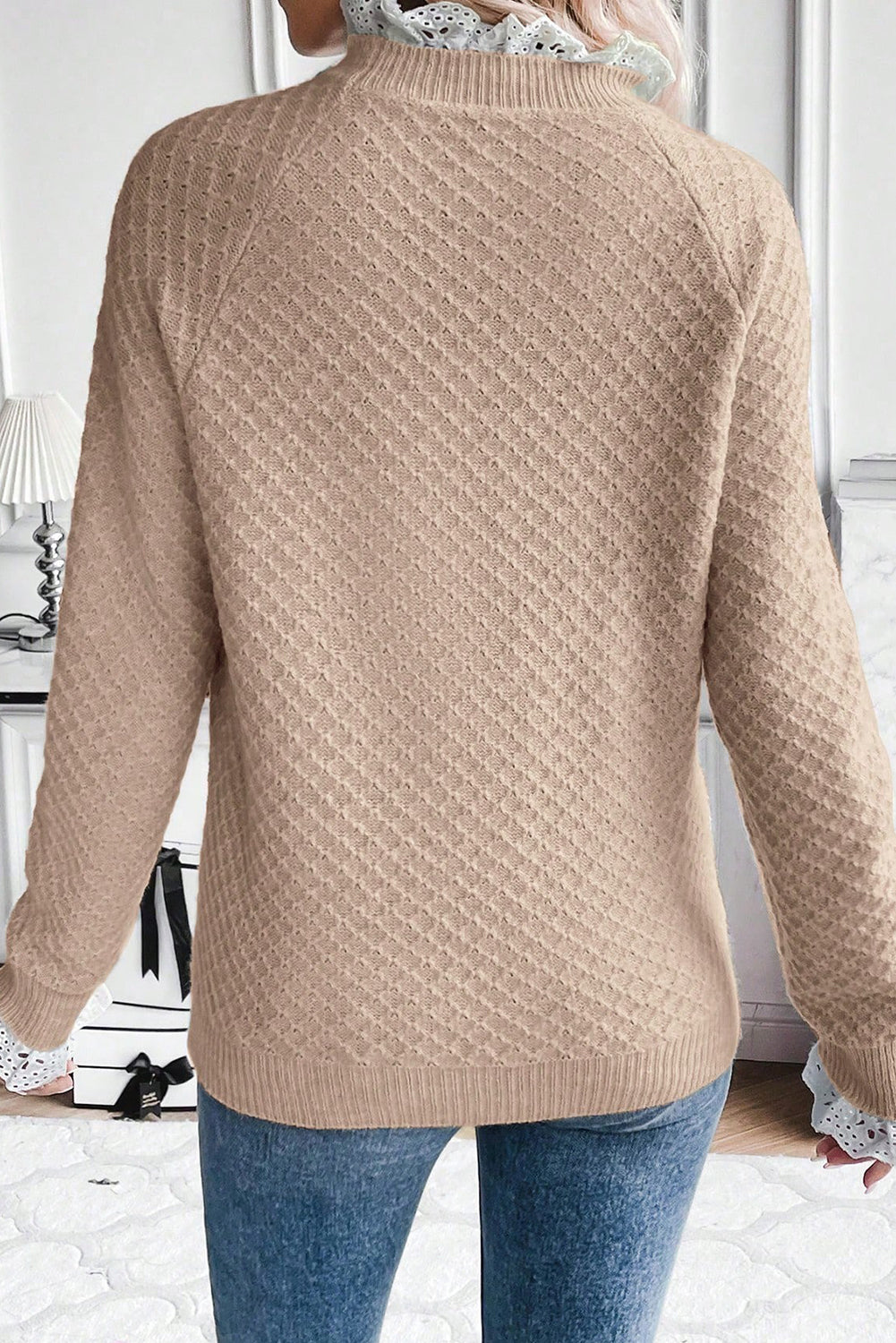 Beige  Contrast Lace Frilled Trim Raglan Sleeve Sweater