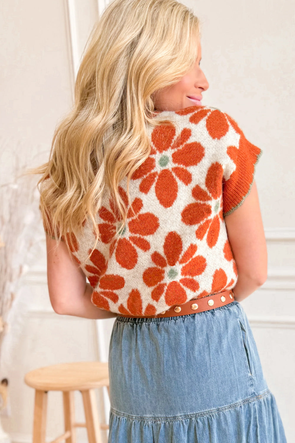 Orange Big Flower Pattern Knit Short Sleeve Sweater