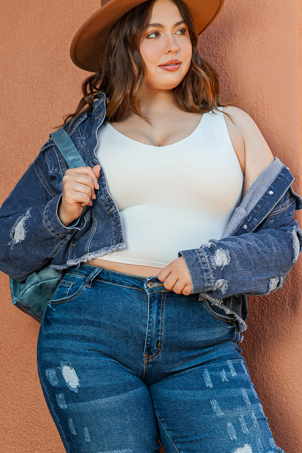 Stylish Plus Size Navy Distressed Denim Shacket