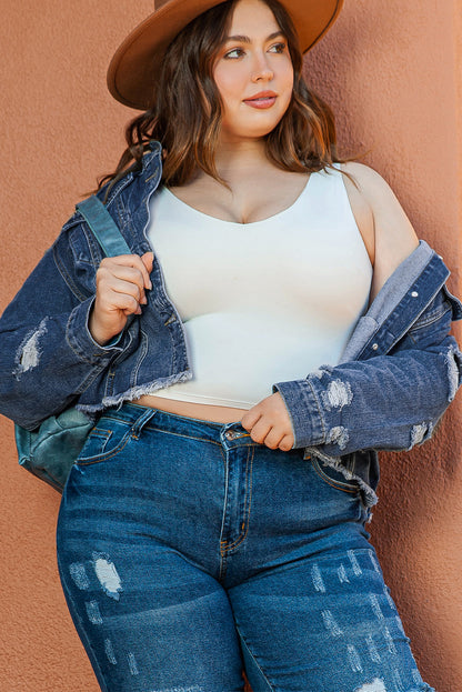 Stylish Plus Size Navy Distressed Denim Shacket