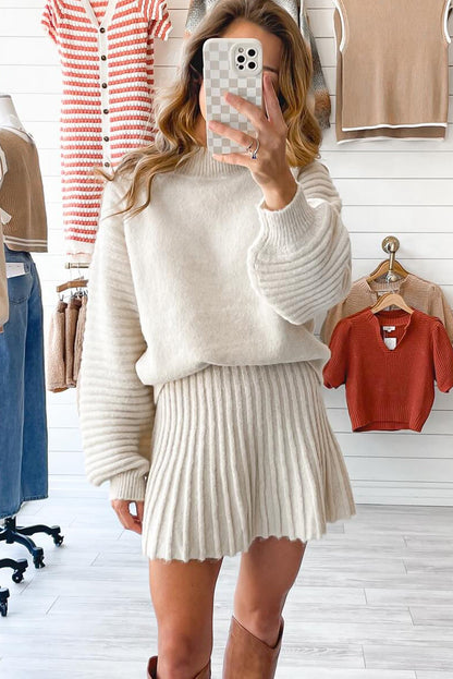 Beige High Neck Puff Sleeve Sweater Pleated Mini Skirt 2pcs Knitted Outfit