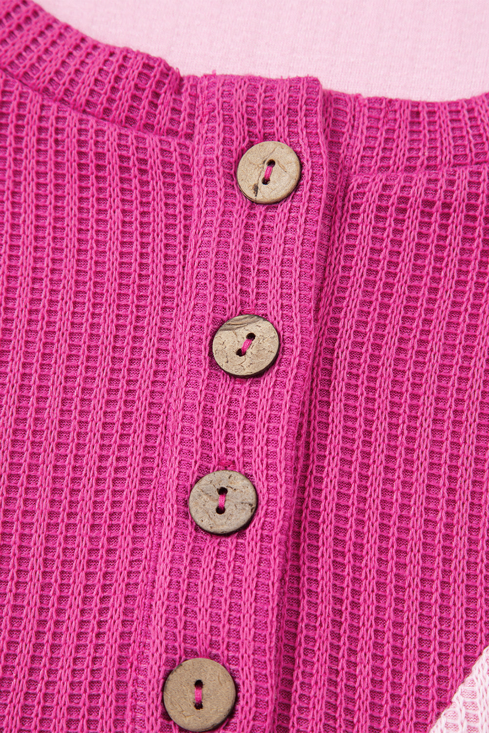 Pink Textured Knit Color Block Patchwork Button Neck Long Sleeve Top