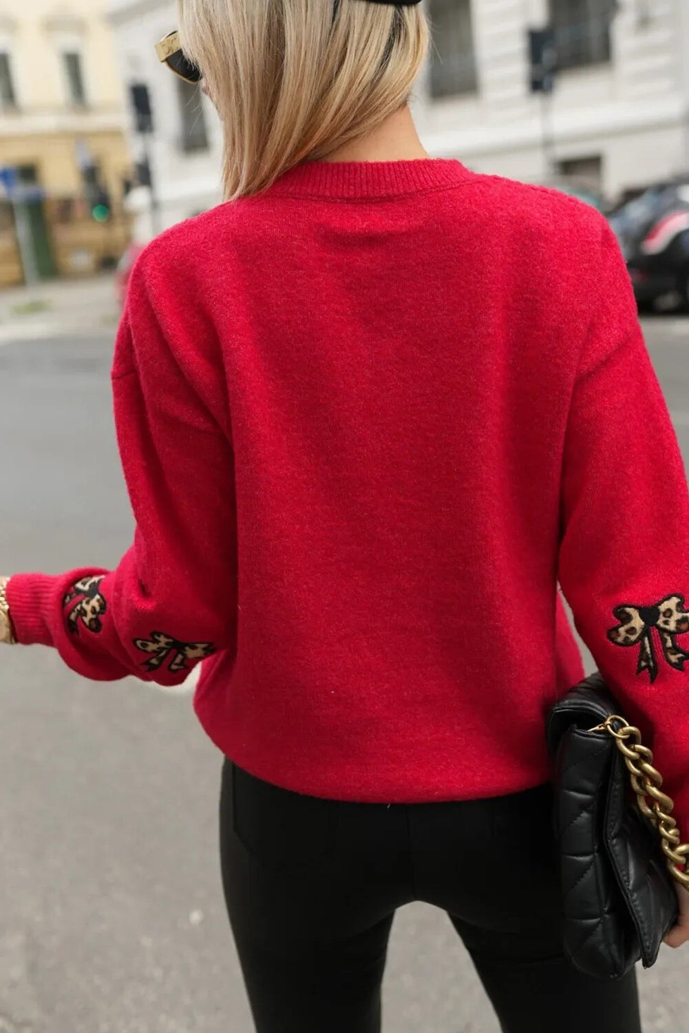 Racing Red Leopard Bow Embroidered Drop Shoulder Sweater