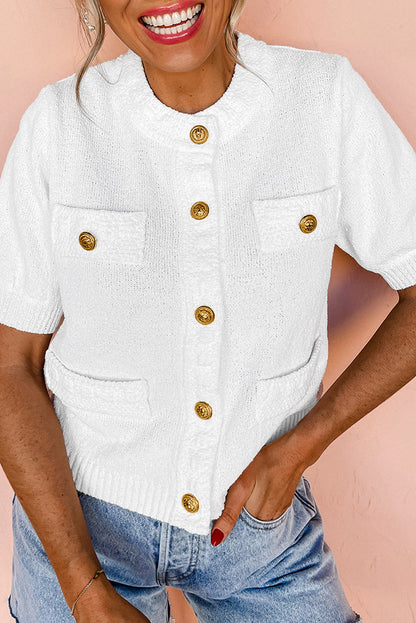 Elegant White Textured Knit Sweater with Gold Buttons