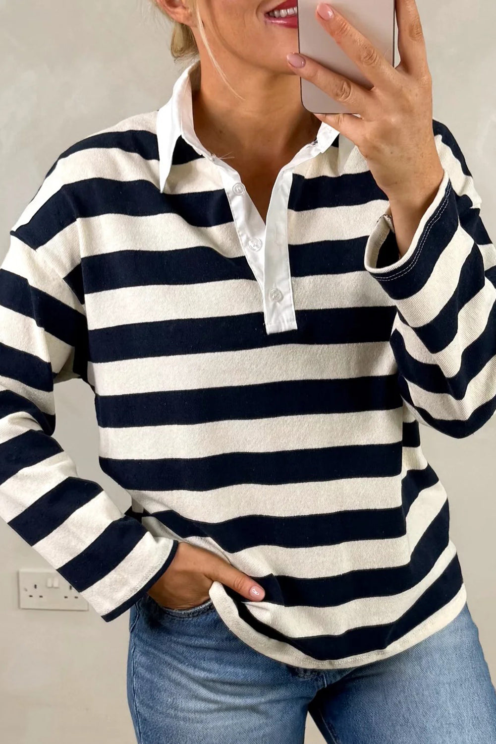 Blue Stripe Contrast Shirt Collar Patchwork Long Sleeve Top