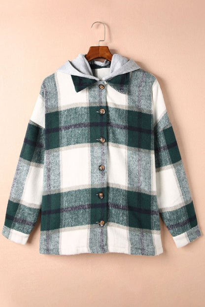 Green Plaid Hooded Button-Up Shacket