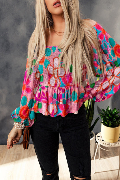 Floral Fantasy Smocked Square Neck Ruffle Blouse