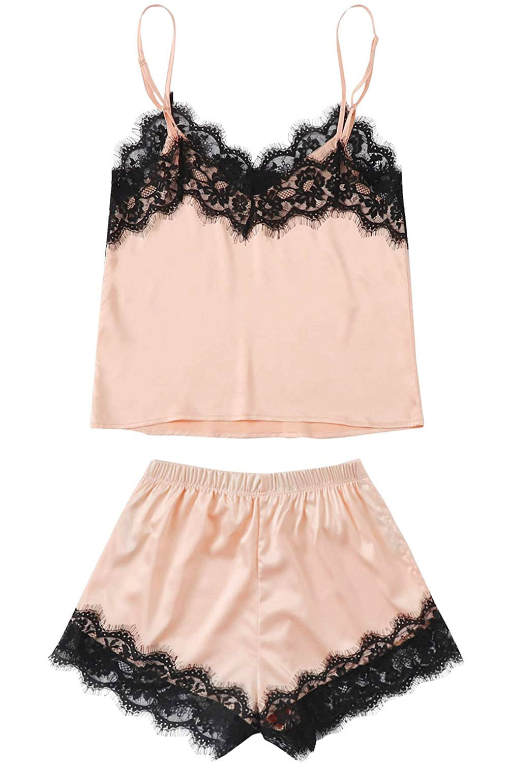 Apricot Satin Lace Sleepwear Cami Top with Matching Shorts - Elegant Pajama Set