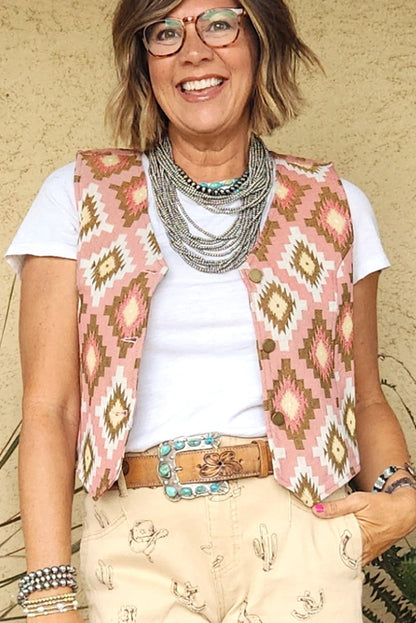 Pink Western Aztec Print Cropped Vest