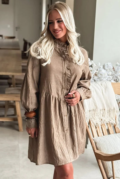 Khaki Stripe Frilled Trim Button Front Long Sleeve Mini Shirt Dress