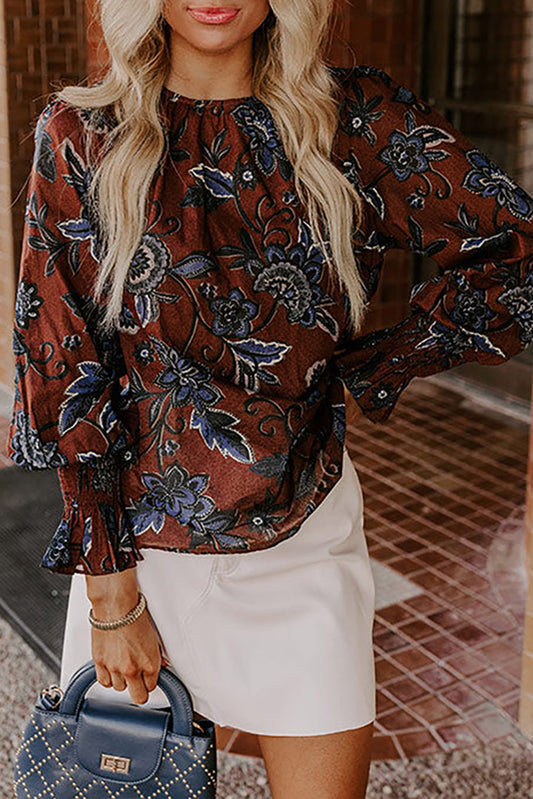 Brown Vintage Floral Print Long Sleeve Autumn Blouse