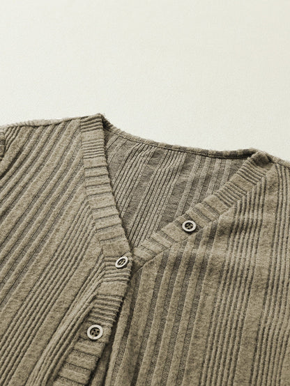 Jungle Green Ribbed Knit V-Neck Button-Up Top