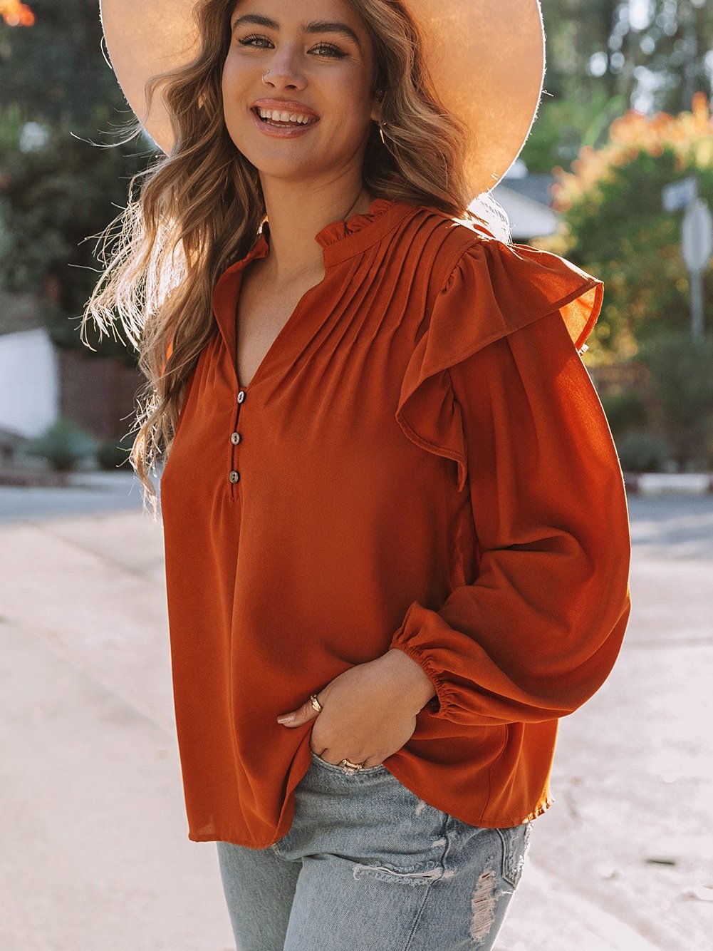 Elegant Brown V-Neck Ruffle Pleated Blouse