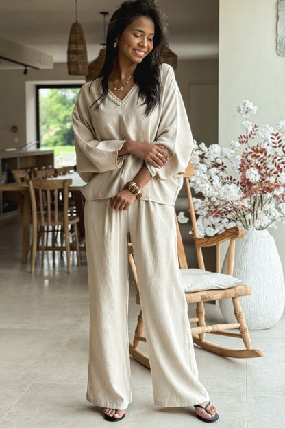 White Braided V Neck Long Sleeve Loose Top and Drawstring High Waist Pants 2pcs Outfit