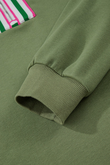 Vineyard Green Contrast Striped Patchwork Zip Collar Pullover Sweatshirt