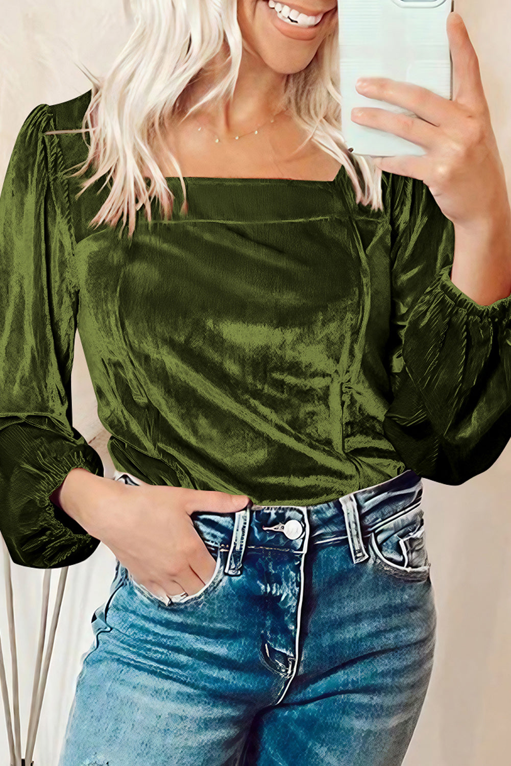 Fern Green Velvet Ribbed Texture Square Neck Slim Puff Sleeve Top