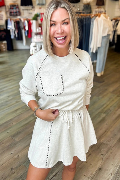 Light Grey Striped Piping Trim Raglan Sleeve Top Active Mini Skort 2pcs Set