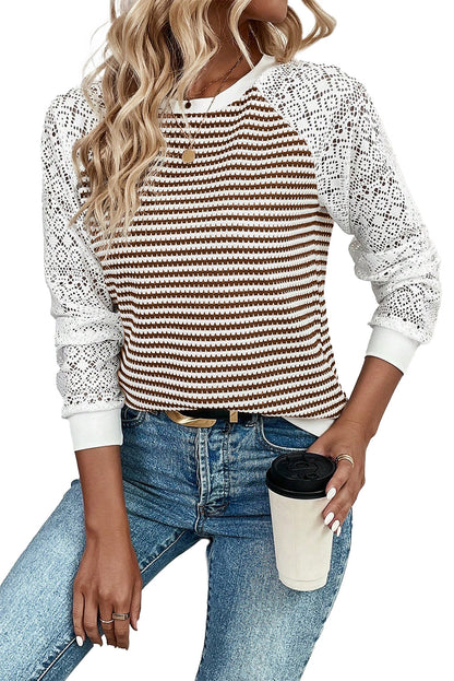 Brown Stripe Textured Knit Contrast Hollowed Lace Patchwork Long Sleeve Top